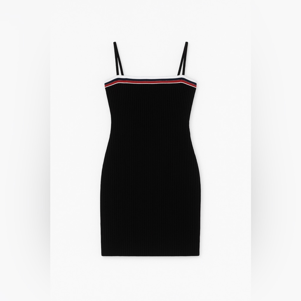 Black Ribbed Spaghetti Strap Mini Dress - Size
